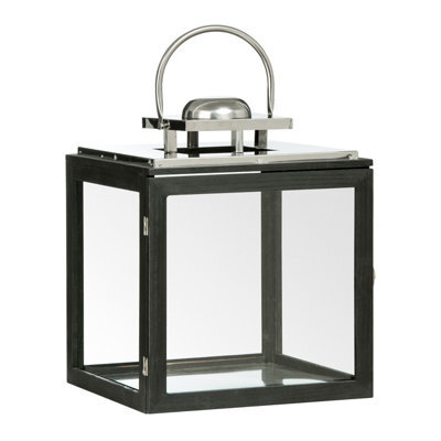 Orsina Large Stainless Steel Lantern, Black Wooden Frame Candle Holder,ideal For Indoor & Outdoor Candlelight Decor