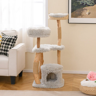 Costway 124Cm Tall Wooden Cat Tree Solid Wood Cat Tower W/jute Scratching Posts - image 1