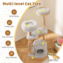 Costway 124Cm Tall Wooden Cat Tree Solid Wood Cat Tower W/jute Scratching Posts - thumbnail 3