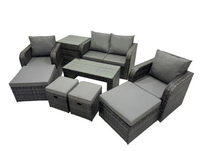 Fimous 3 Seater Sofa Reclining Chair Coffee Table Set Rattan Garden Furniture Set With 2 Side Tables 4 Stool Dark Grey Mixed - image 1