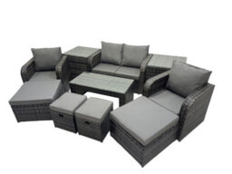 Fimous 3 Seater Sofa Reclining Chair Coffee Table Set Rattan Garden Furniture Set With 2 Side Tables 4 Stool Dark Grey Mixed - thumbnail 2