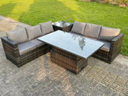 Fimous 6 Seater Pe Rattan Corner Sofa Set Rising Adjustable Dining Table Set  High Side Table With Seat And Back Cushion