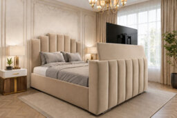 Panel Upholstered Tv Bed Frame With Slats Storage Beige