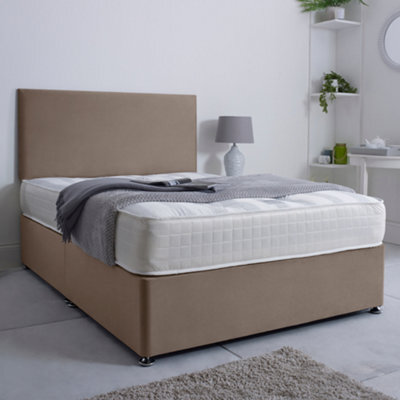 Bsspoke Ivy Divan Bed Set In Mink Plush Velvet With 24Inch Headboard & 2 Drawers Same Side & Mattress In All Sizes