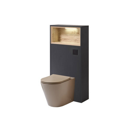 Homestylestore 600mm Black Grey Floorstanding Bathroom Wc Unit Led Lit Shelf Sand Toilet And Black Flush Button - image 1