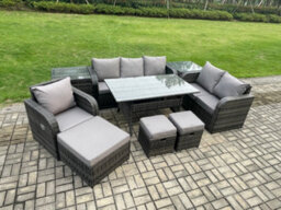 Fimous 9 Piece Garden Rattan Furniture Dining Table Sofa Set Indoor Outdoor With Reclining Chairs 2 Side Tables 3 Footstools - thumbnail 2