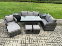 Fimous 9 Piece Garden Rattan Furniture Dining Table Sofa Set Indoor Outdoor With Reclining Chairs 2 Side Tables 3 Footstools - thumbnail 1