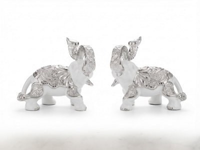 Biznest Set Of 2 Ceramic Trunk Up Elephant Figurines White - Silver Home Decorative Animal Ornament Table & Shelf Display