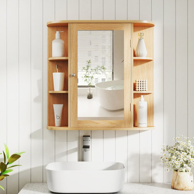 Costway 3 Tier Mirrored Bathroom Cabinet Wall Mount Storage Cupboard-Natural - image 1