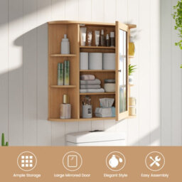 Costway 3 Tier Mirrored Bathroom Cabinet Wall Mount Storage Cupboard-Natural - thumbnail 9