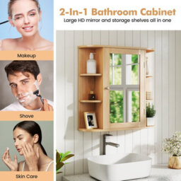 Costway 3 Tier Mirrored Bathroom Cabinet Wall Mount Storage Cupboard-Natural - thumbnail 8
