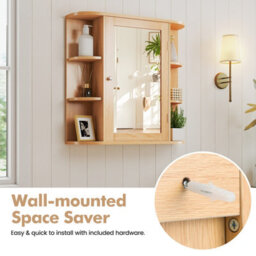 Costway 3 Tier Mirrored Bathroom Cabinet Wall Mount Storage Cupboard-Natural - thumbnail 6
