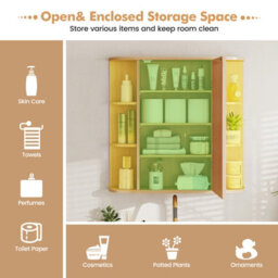 Costway 3 Tier Mirrored Bathroom Cabinet Wall Mount Storage Cupboard-Natural - thumbnail 5