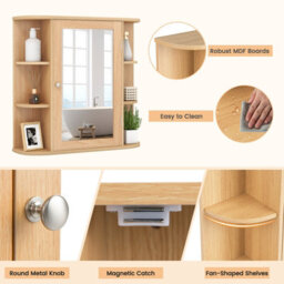 Costway 3 Tier Mirrored Bathroom Cabinet Wall Mount Storage Cupboard-Natural - thumbnail 4