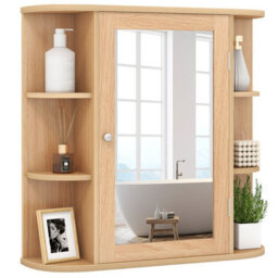 Costway 3 Tier Mirrored Bathroom Cabinet Wall Mount Storage Cupboard-Natural - thumbnail 2