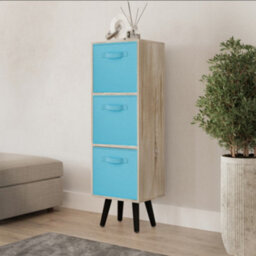 Urbn-Living Urbnliving 80Cm Height 3 Tier Antique Oak Wooden Storage Bookcase Scandinavian Style Black Legs With Sky Blue Inserts