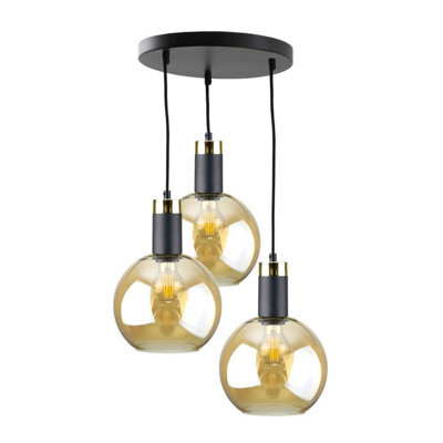 Luminosa Lighting Luminosa Auralis Cluster Pendant Ceiling Light Black, Gold Amber Glass Shade 3X E27 - image 1