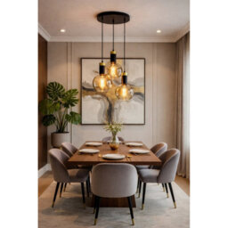 Luminosa Lighting Luminosa Auralis Cluster Pendant Ceiling Light Black, Gold Amber Glass Shade 3X E27 - thumbnail 2