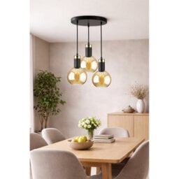 Luminosa Lighting Luminosa Auralis Cluster Pendant Ceiling Light Black, Gold Amber Glass Shade 3X E27 - thumbnail 4