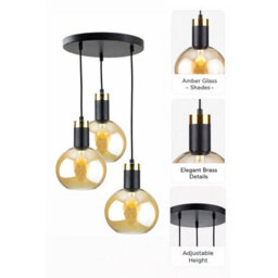 Luminosa Lighting Luminosa Auralis Cluster Pendant Ceiling Light Black, Gold Amber Glass Shade 3X E27 - thumbnail 5