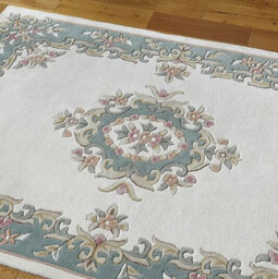 Handmade Floral Boreder Cream Green Traditional Easy To Clean Wool Rug For Living Room & Bedroom-120Cm X 180Cm