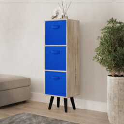 Urbn-Living Urbnliving 80Cm Height 3 Tier Antique Oak Wooden Storage Bookcase Scandinavian Style Black Legs With Dark Blue Inserts - thumbnail 1