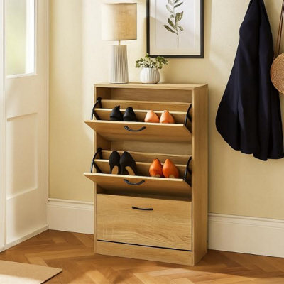 Celino Shoe Cabinet With 3 Drawers, Pull Down Mdf Wooden Shoe Storage Organizer Cupboard Shoes Rack Cabinet Freestanding Footwear - image 1