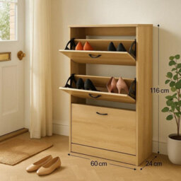 Celino Shoe Cabinet With 3 Drawers, Pull Down Mdf Wooden Shoe Storage Organizer Cupboard Shoes Rack Cabinet Freestanding Footwear - thumbnail 2