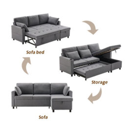 Grey 3 Seater L-Shaped Pull-Out Sofa Bed With Storage - thumbnail 8