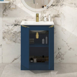 Royal Bathrooms Evora 600mm Midnight Blue Fluted Floor Standing Bathroom Vanity Unit 2 Door Cabinet With Stone Basin & Brushed Brass Handles - thumbnail 3