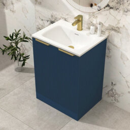 Royal Bathrooms Evora 600mm Midnight Blue Fluted Floor Standing Bathroom Vanity Unit 2 Door Cabinet With Stone Basin & Brushed Brass Handles - thumbnail 4