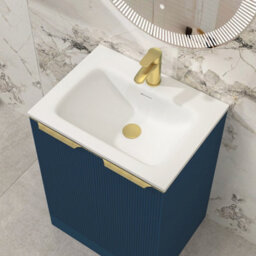 Royal Bathrooms Evora 600mm Midnight Blue Fluted Floor Standing Bathroom Vanity Unit 2 Door Cabinet With Stone Basin & Brushed Brass Handles - thumbnail 5