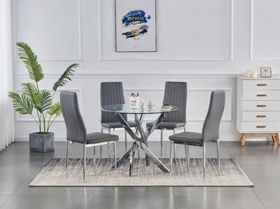 Furnizone UK Rolex 4-Seater 100Cm Round Clear Glass Dining Table And 4 Monza Grey Chairs Faux Leather Chairs - image 1
