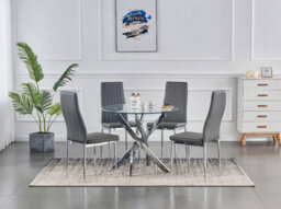 Furnizone UK Rolex 4-Seater 100Cm Round Clear Glass Dining Table And 4 Monza Grey Chairs Faux Leather Chairs - thumbnail 1