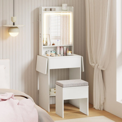 Costway Narrow Vanity Table W/ Lights Compact Makeup Dressing Table W/ Visible Glass Top-White - image 1