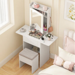 Costway Narrow Vanity Table W/ Lights Compact Makeup Dressing Table W/ Visible Glass Top-White - thumbnail 3