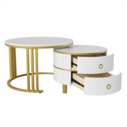 Abrihome 2-In-1 White Mdf Round Coffee Table Set, Glossy Finish With Side Table & 2 Drawers, 70X70X46 + 50X50X40 Cm - thumbnail 8