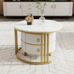 Abrihome 2-In-1 White Mdf Round Coffee Table Set, Glossy Finish With Side Table & 2 Drawers, 70X70X46 + 50X50X40 Cm - thumbnail 9