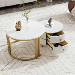 Abrihome 2-In-1 White Mdf Round Coffee Table Set, Glossy Finish With Side Table & 2 Drawers, 70X70X46 + 50X50X40 Cm