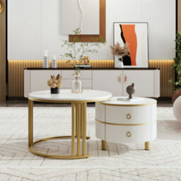 Abrihome 2-In-1 White Mdf Round Coffee Table Set, Glossy Finish With Side Table & 2 Drawers, 70X70X46 + 50X50X40 Cm - thumbnail 2