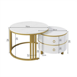 Abrihome 2-In-1 White Mdf Round Coffee Table Set, Glossy Finish With Side Table & 2 Drawers, 70X70X46 + 50X50X40 Cm - thumbnail 5