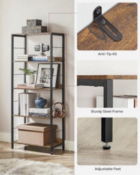 Songmics 5-Tier Bookcase, Book Shelf, Bookshelf, Shelving Unit, With Back Panels, Industrial, Rustic Brown And Ink Black - thumbnail 6