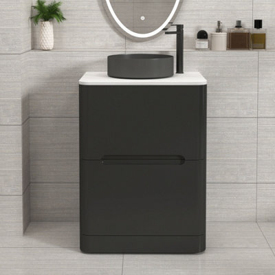 Royal Bathrooms Venice 600mm Matt Nocturne Black Freestanding Bathroom Countertop Vanity Unit 2 Drawer With Art Round Basin - image 1