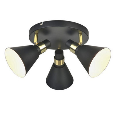 Luminosa Lighting Luminosa Industrial And Retro Flush Ceiling Light Black Matt, Gold 3 Light  With Black Matt, White Shade, E14