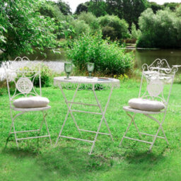 Dibor Vintage Cream 3 Piece Outdoor Alfresco Garden Furniture Dining Table And Chair Folding Bistro Set With Round Seat Cushions