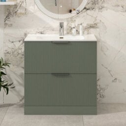 Royal Bathrooms Evora 800mm Sage Green Fluted Floor Standing Bathroom Vanity Unit 2 Drawer Cabinet Storage With Ceramic Basin Sink - 1 Tap Hole