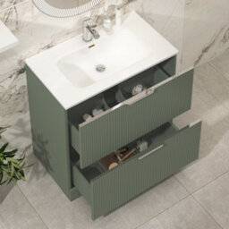 Royal Bathrooms Evora 800mm Sage Green Fluted Floor Standing Bathroom Vanity Unit 2 Drawer Cabinet Storage With Ceramic Basin Sink - 1 Tap Hole - thumbnail 3
