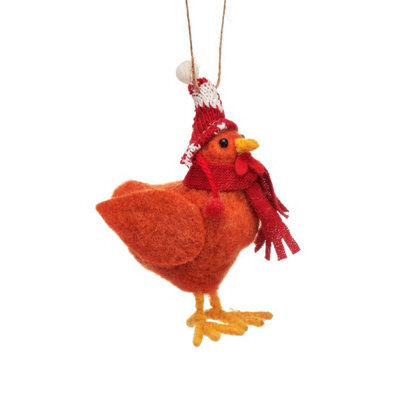 Sass & Belle Christmas Felt Chicken In Woolly Hat Hanging Tree Decoration, 12.5 X 7 Cm