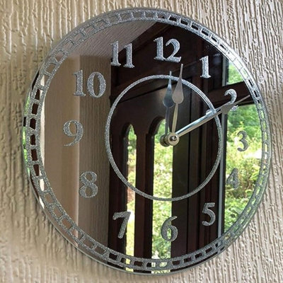 DEENZ Round Silver Sparkle Glitter Mirrored English Number Wall Clock 35Cm