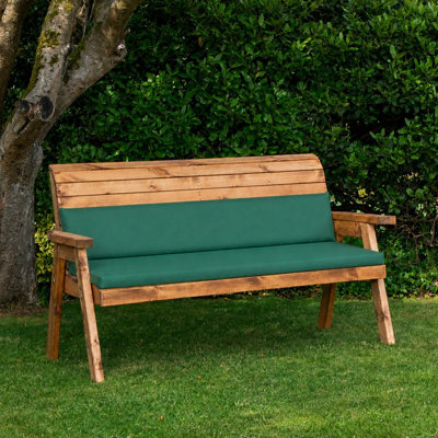 Samuel Alexander Hand Made 3 Seater Chunky Rustic Wooden Garden Bench & Waterproof Green Cushions - Flat Packed - image 1